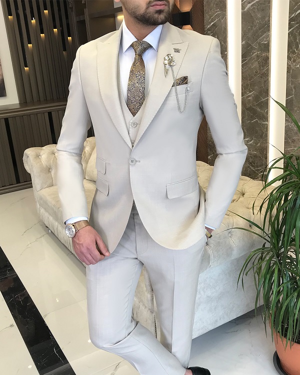 Beige Slim Fit Peak Lapel Groom Wedding Suit for Men by Bespokedailyshop | Free Worldwide Shipping