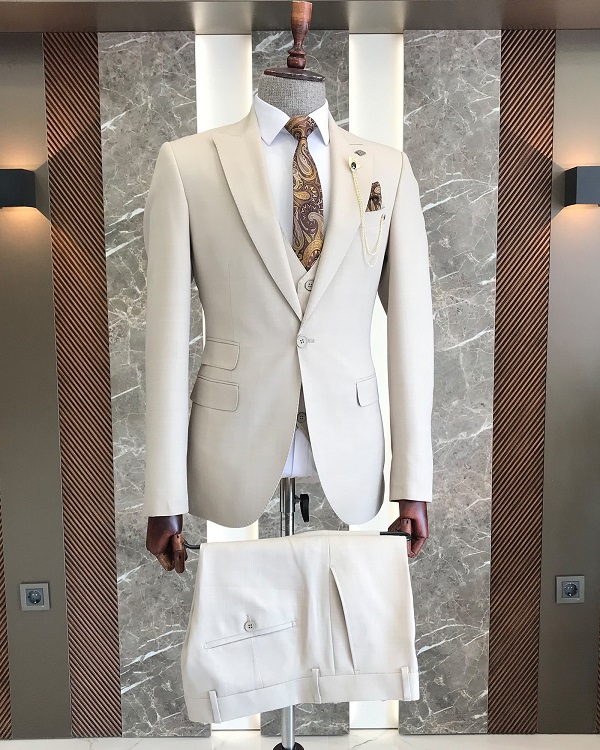 Beige Slim Fit Peak Lapel Groom Wedding Suit for Men by Bespokedailyshop | Free Worldwide Shipping