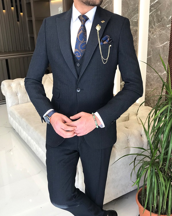 Dark Blue Slim Fit Peak Lapel Groom Wedding Suit for Men by Bespokedailyshop | Free Worldwide Shipping