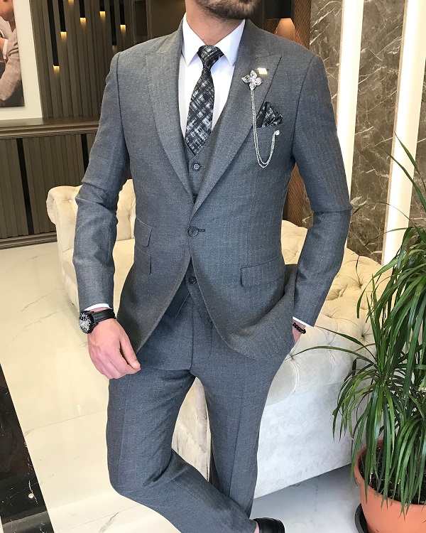 Dark Gray Slim Fit Peak Lapel Groom Wedding Suit for Men by Bespokedailyshop | Free Worldwide Shipping