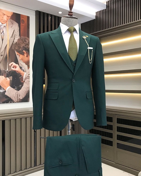 Green Slim Fit Peak Lapel Groom Wedding Suit for Men by Bespokedailyshop | Free Worldwide Shipping