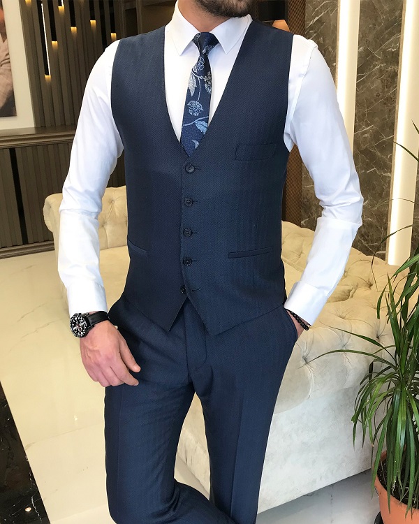 Navy Blue Slim Fit Peak Lapel Groom Wedding Suit for Men by Bespokedailyshop | Free Worldwide Shipping