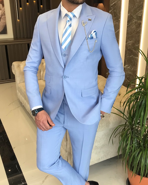 Sky Blue Slim Fit Peak Lapel Groom Wedding Suit for Men by Bespokedailyshop | Free Worldwide Shipping