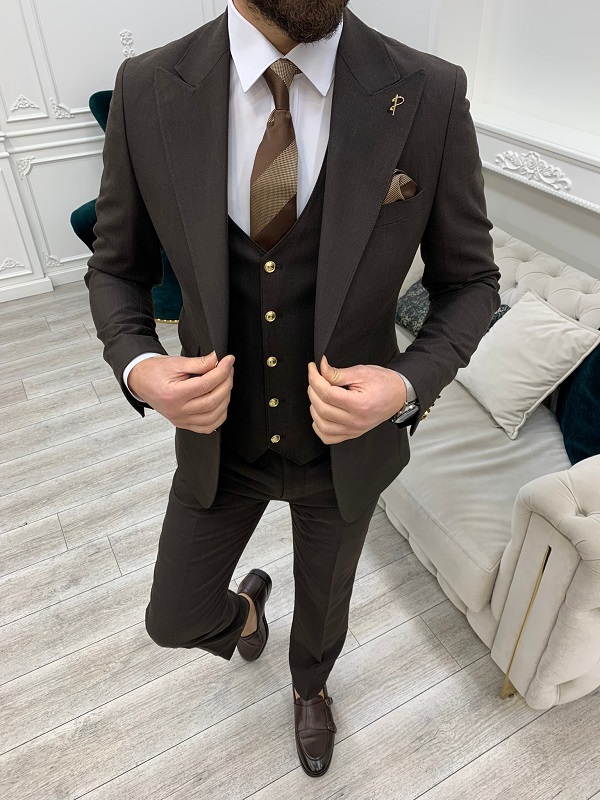 Dark Brown Slim Fit Peak Lapel Groom Wedding Suit for Men by Bespokedailyshop | Free Worldwide Shipping