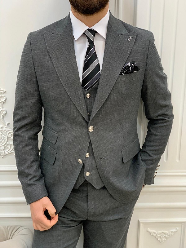 Gray Slim Fit Peak Lapel Groom Suit for Men by Bespokedailyshop | Free Worldwide Shipping
