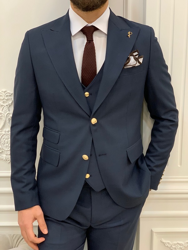 Navy Blue Slim Fit Peak Lapel Groom Suit for Men by Bespokedailyshop | Free Worldwide Shipping