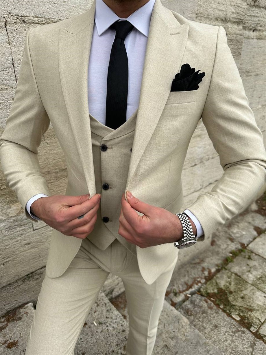 Cream Slim Fit 3 Piece Peak Lapel Wool Suit for Men by Bespokedailyshop | Free Worldwide Shipping