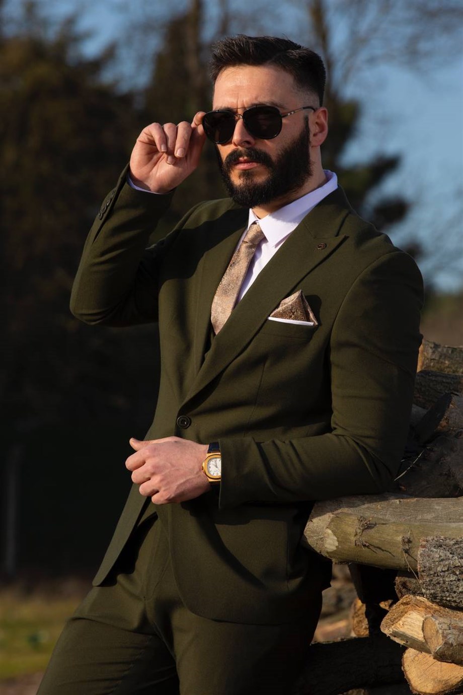 Green Slim Fit 3 Piece Peak Lapel Wool Suit for Men by Bespokedailyshop | Free Worldwide Shipping