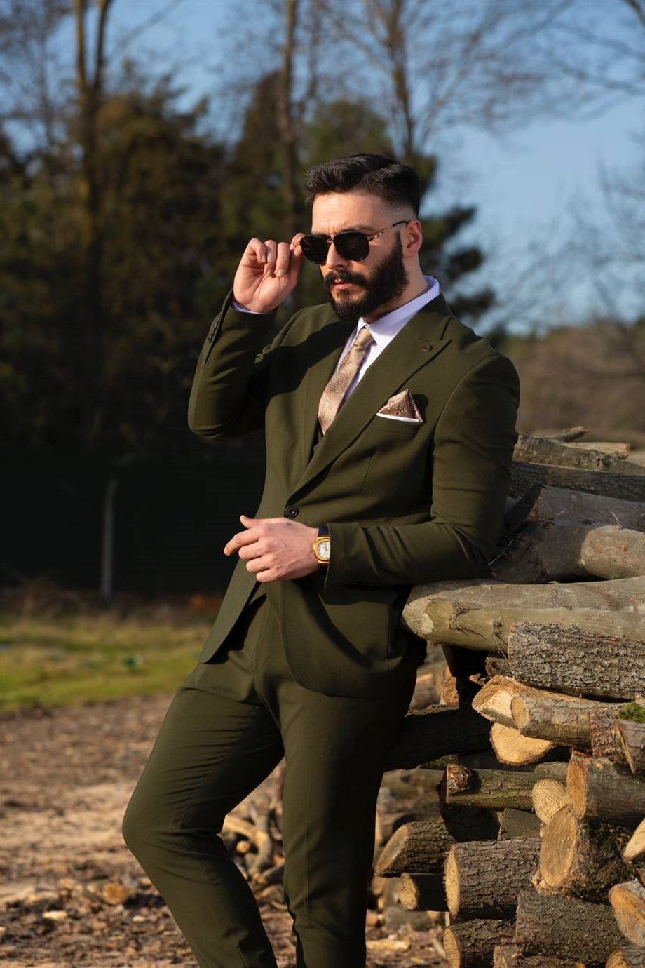 Khaki Green Slim Fit 3 Piece Peak Lapel Wool Suit for Men by Bespokedailyshop | Free Worldwide Shipping