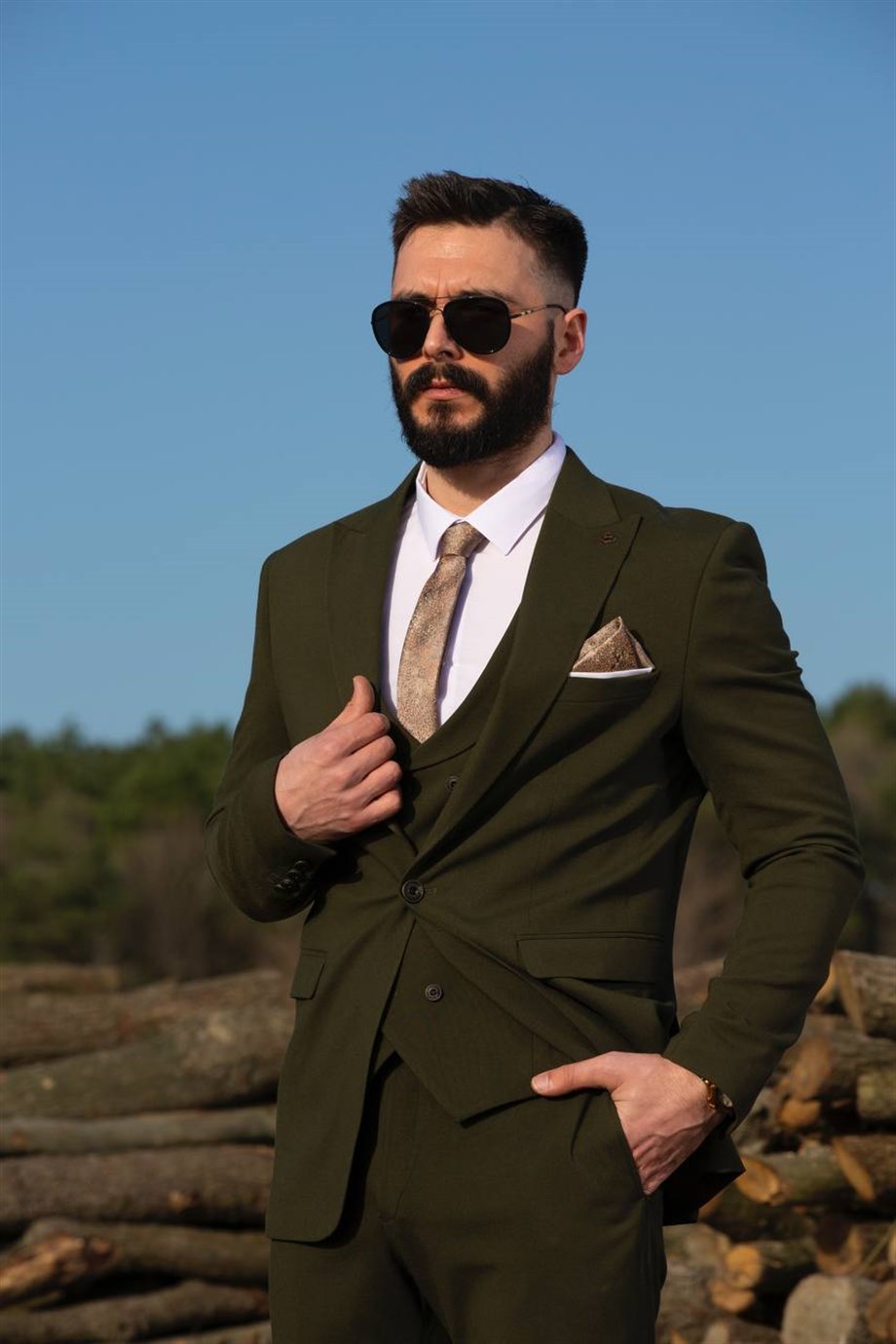 Khaki Green Slim Fit 3 Piece Peak Lapel Wool Suit for Men by Bespokedailyshop | Free Worldwide Shipping