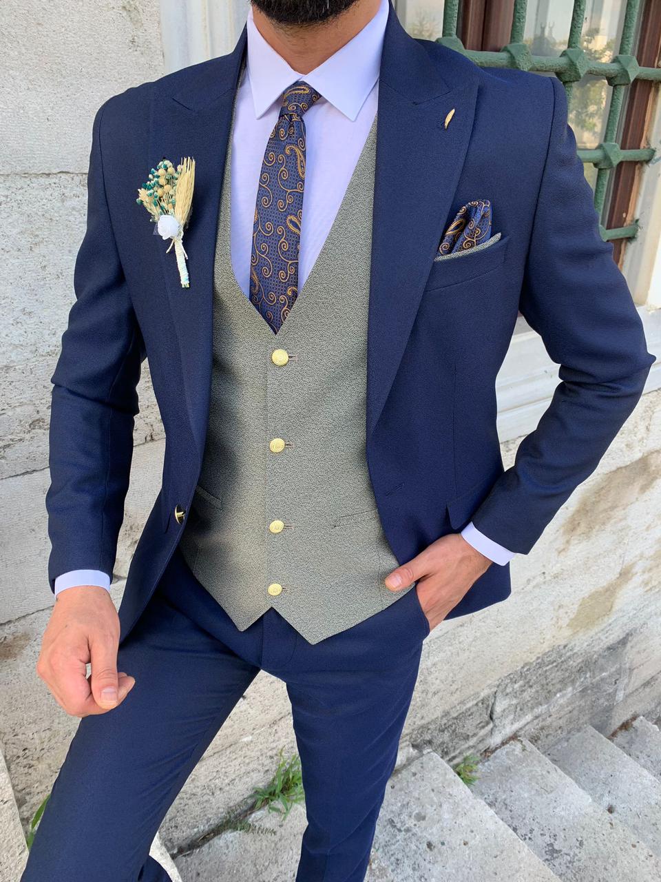 Navy Blue Slim Fit 3 Piece Peak Lapel Combination Suit for Men by Bespokedailyshop | Free Worldwide Shipping