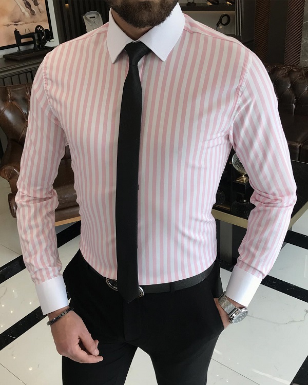 BespokeDaily Hamden Pink Slim Fit Striped Cotton Shirt - Bespoke Daily