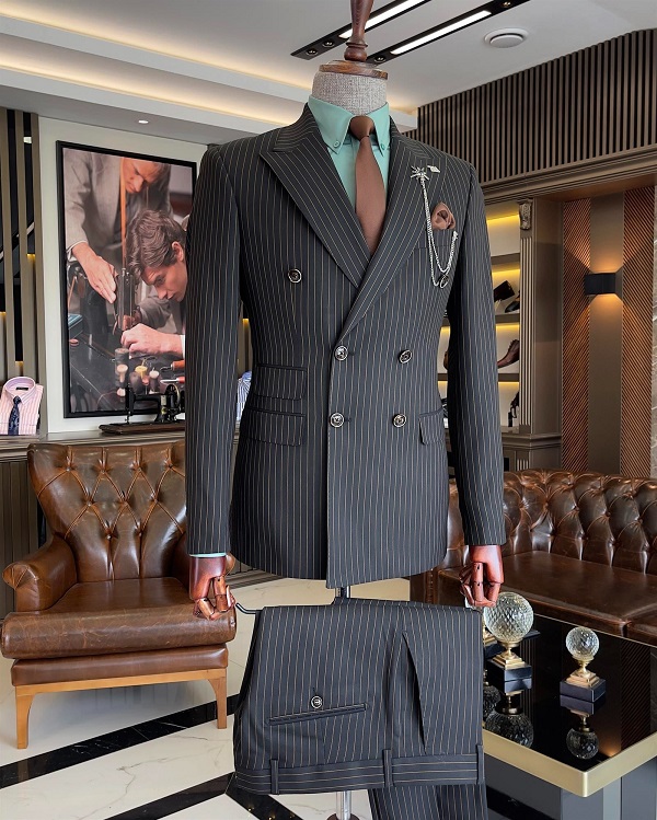 BespokeDaily Lazio Black Slim Fit Pinstripe Double Breasted Suit