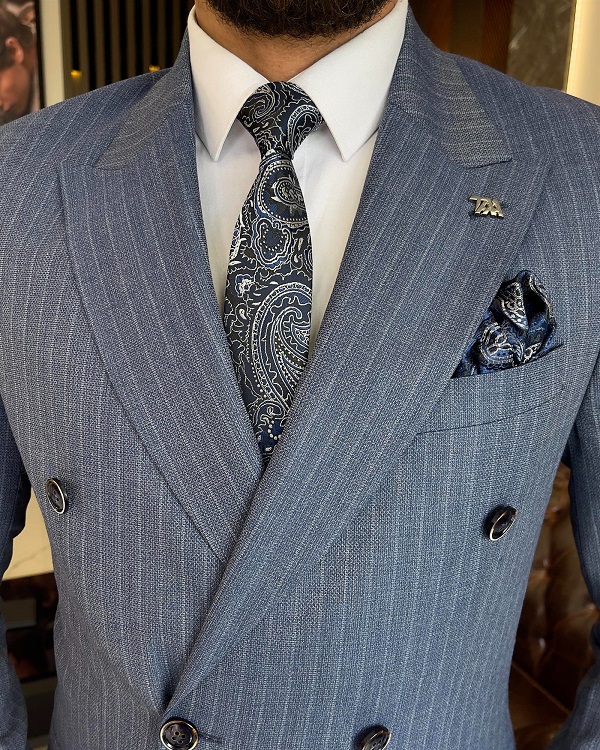 BespokeDaily Lazio Blue Slim Fit Double Breasted Pinstripe Suit