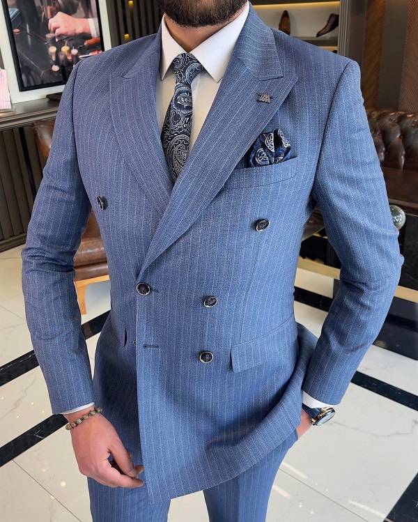 BespokeDaily Lazio Blue Slim Fit Double Breasted Pinstripe Suit