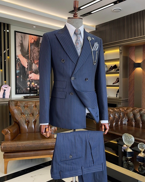 BespokeDaily Lazio Blue Slim Fit Pinstripe Double Breasted Suit