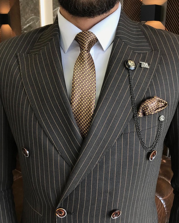 BespokeDaily Lazio Brown Slim Fit Pinstripe Double Breasted Suit