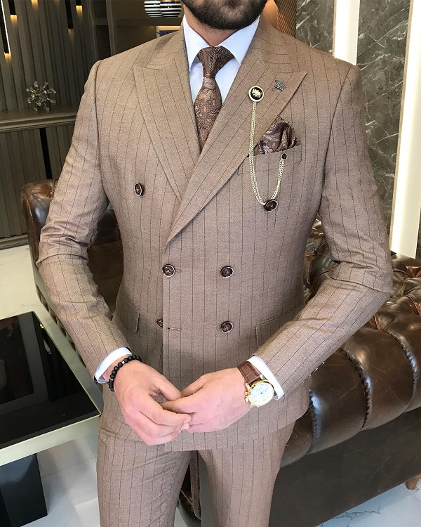 BespokeDaily Lazio Brown Striped Double Breasted Suit