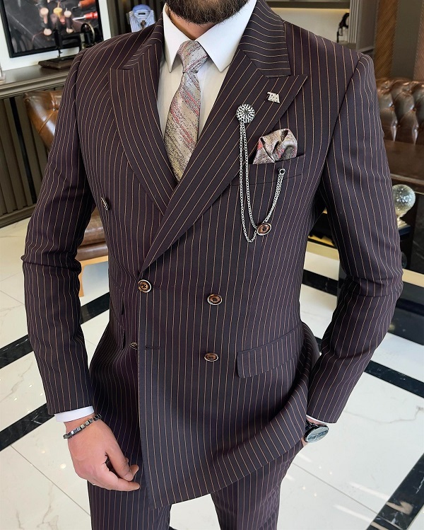 BespokeDaily Lazio Burgundy Slim Fit Double Breasted Pinstripe Suit