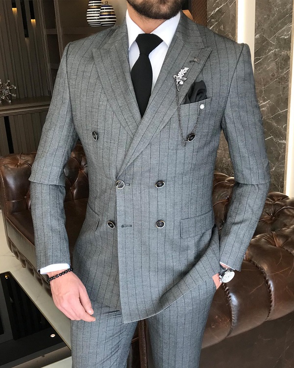 BespokeDaily Lazio Gray Striped Double Breasted Suit