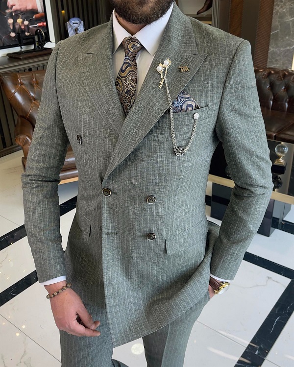 BespokeDaily Lazio Green Slim Fit Double Breasted Pinstripe Suit