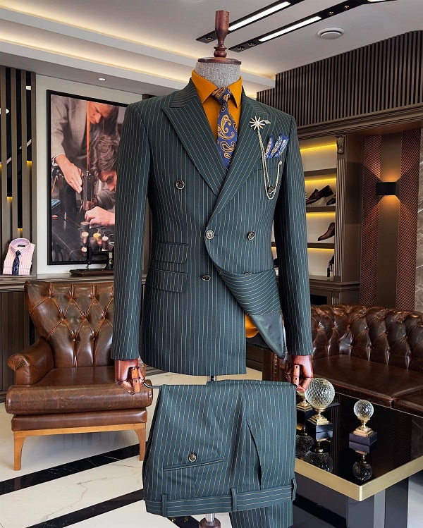 BespokeDaily Lazio Green Slim Fit Pinstripe Double Breasted Suit