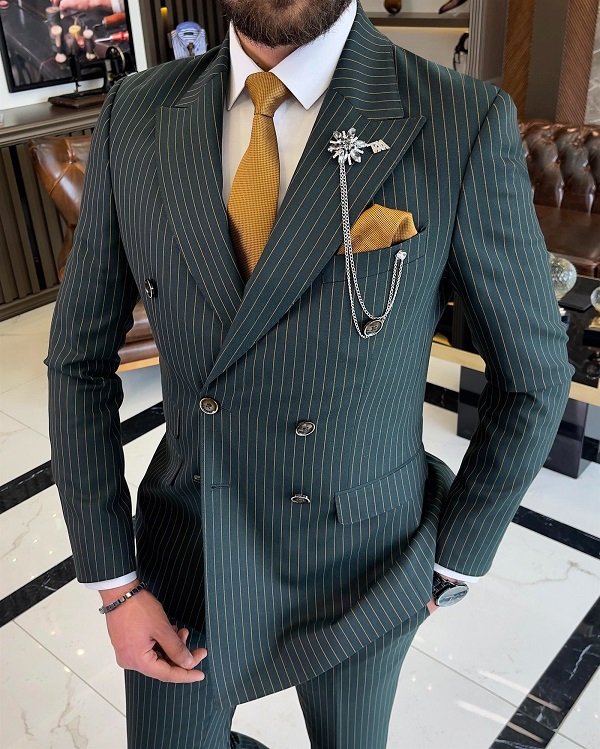 BespokeDaily Lazio Green Slim Fit Pinstripe Double Breasted Suit