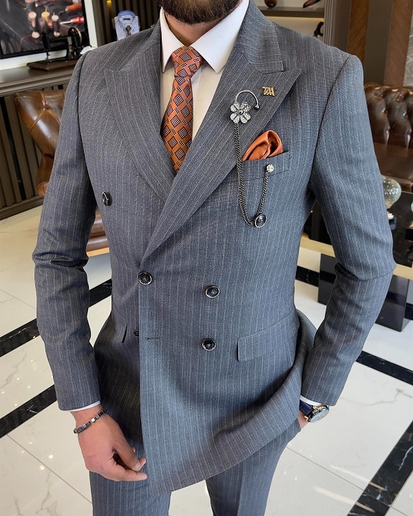 BespokeDaily Lazio Navy Blue Slim Fit Double Breasted Pinstripe Suit