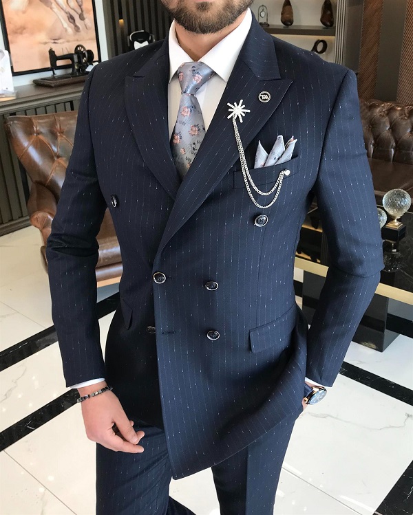 BespokeDaily Miami Blue Slim Fit Peak Lapel Pinstripe Suit