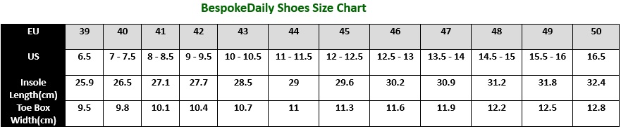 Bespoke Daily Barefoot Shoes Size Chart